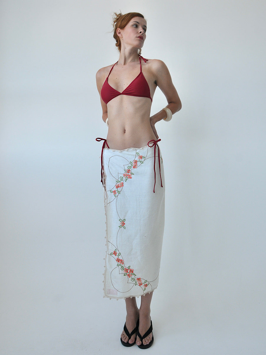 Edith embroidered linen tie midi skirt