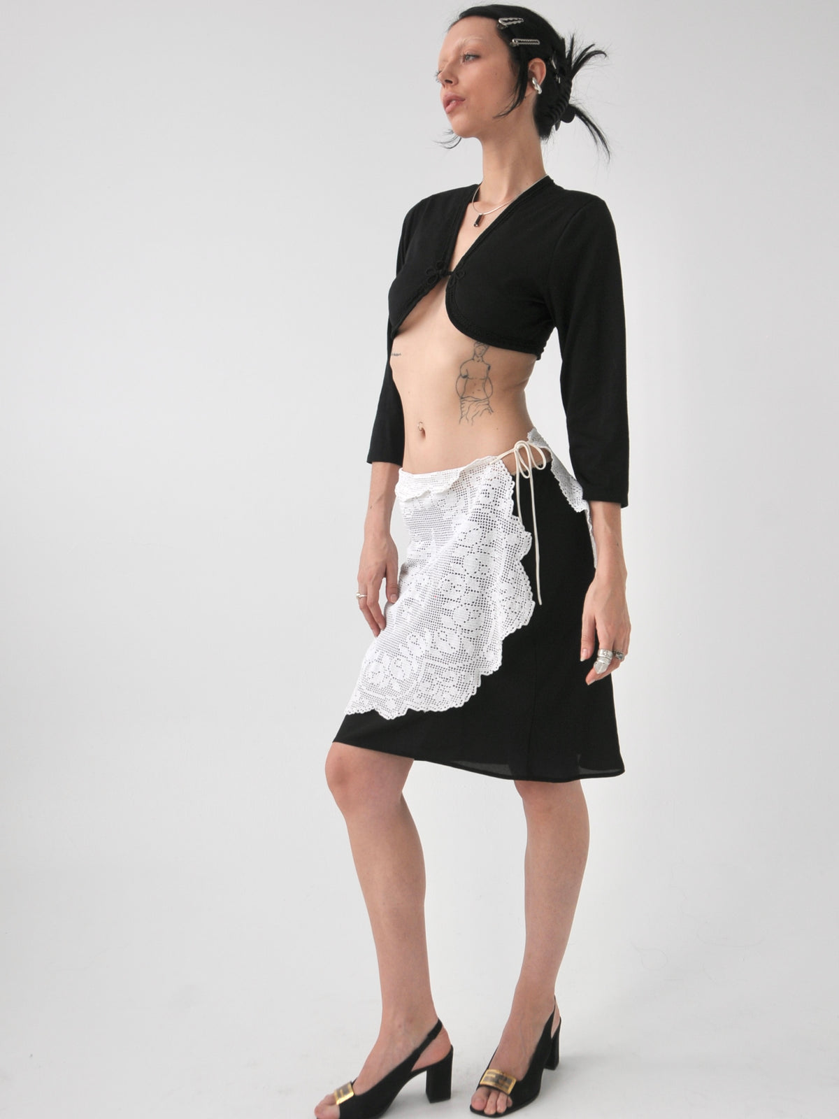 Marie patched vintage doily tie mini skirt