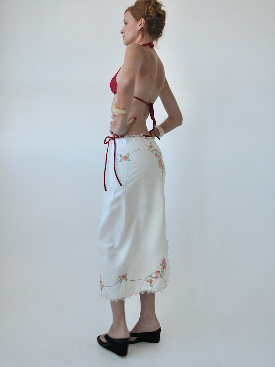 Edith embroidered linen tie midi skirt