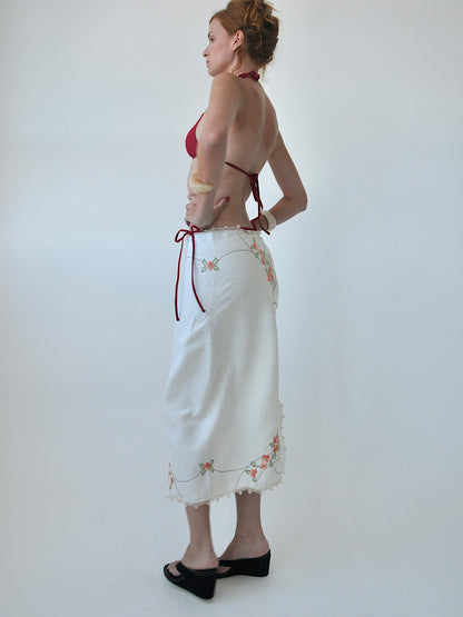 Edith embroidered linen tie midi skirt