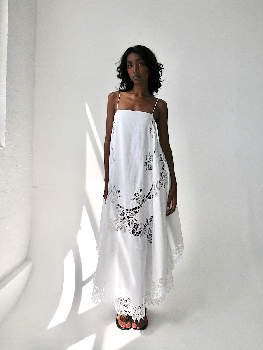 Battenberg lace appliqué cotton maxi dress