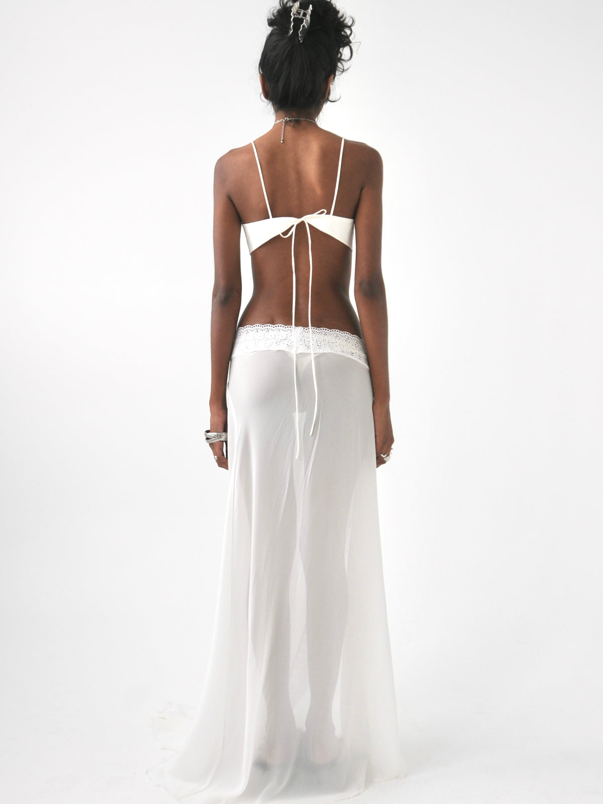 Omi sheer lace trim maxi tie skirt