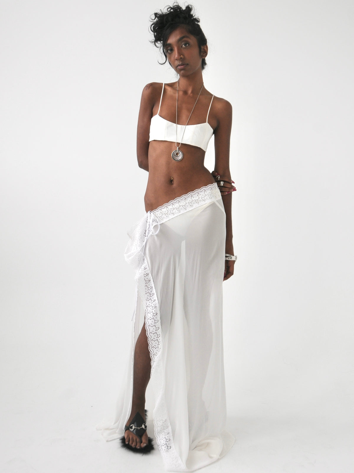 Omi sheer lace trim maxi tie skirt