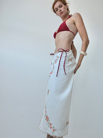 Edith embroidered linen tie midi skirt