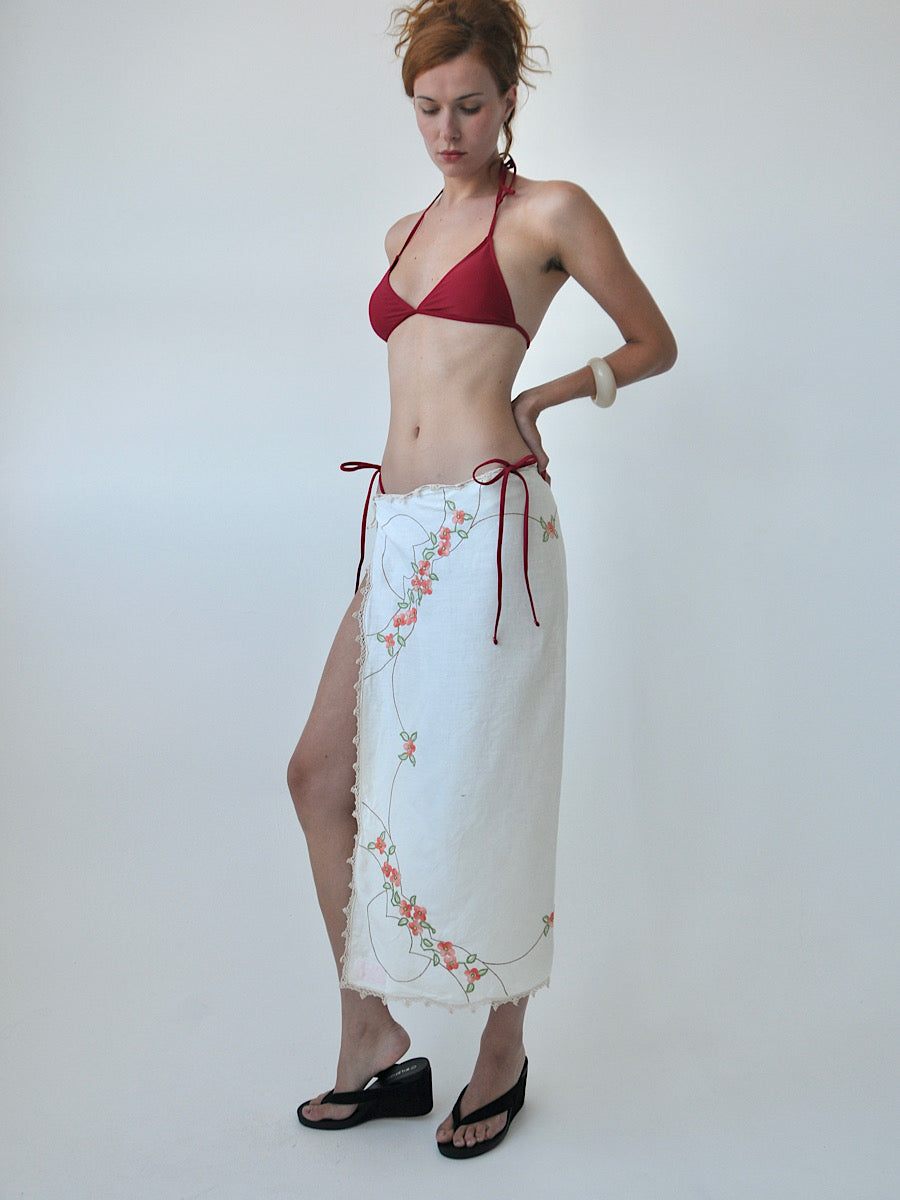 Edith embroidered linen tie midi skirt