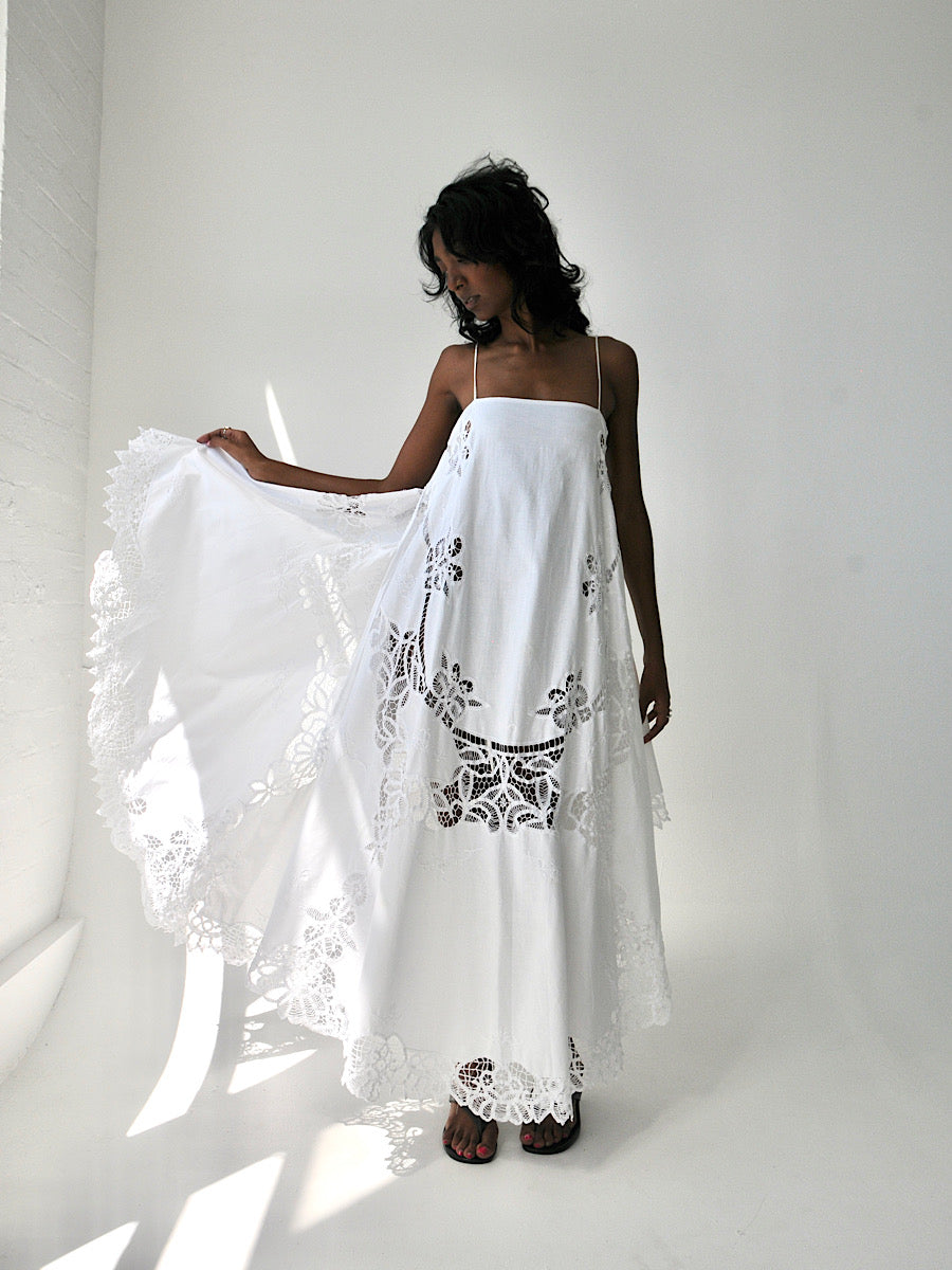 Battenberg lace appliqué cotton maxi dress