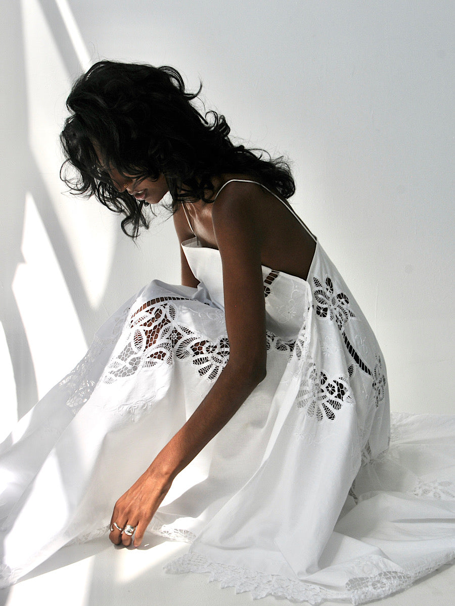 Battenberg lace appliqué cotton maxi dress