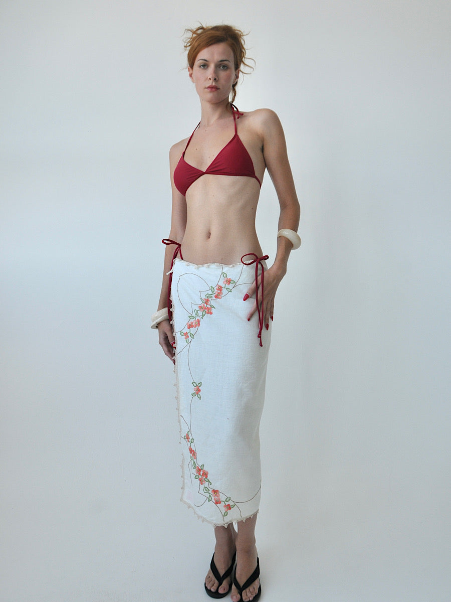 Edith embroidered linen tie midi skirt