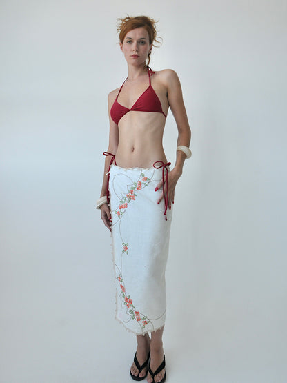 Edith embroidered linen tie midi skirt