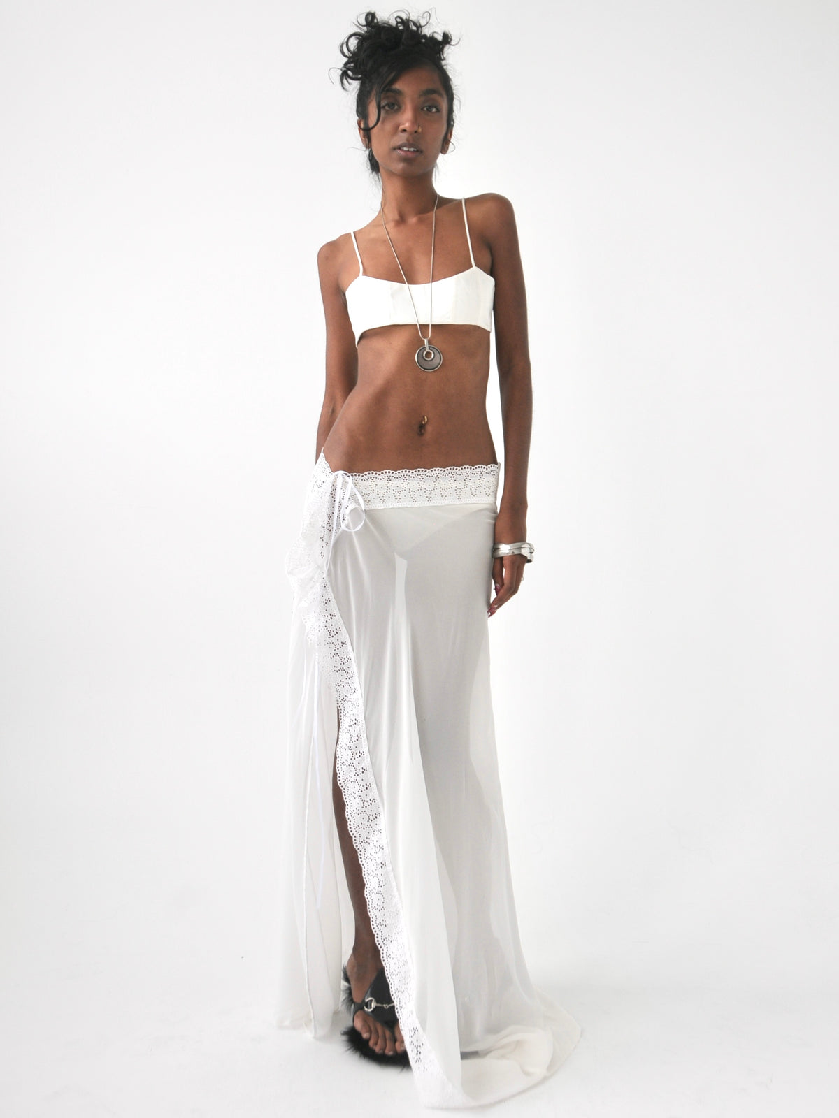Omi sheer lace trim maxi tie skirt
