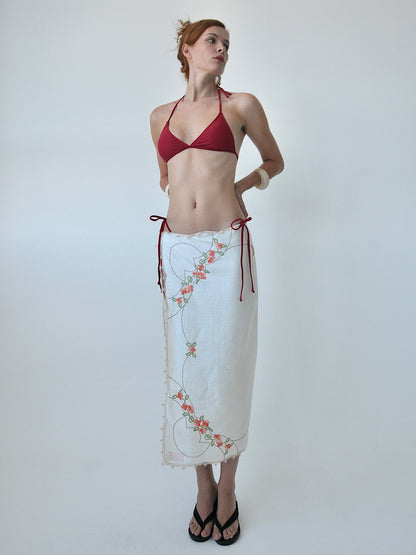 Edith embroidered linen tie midi skirt