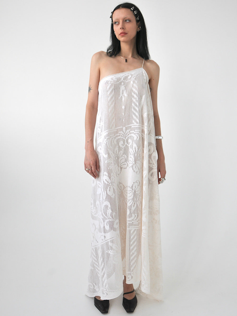 Veronica vintage filet lace one-shoulder maxi dress