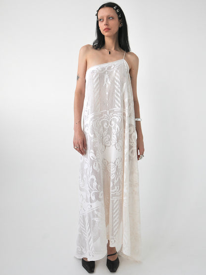 Veronica vintage filet lace one-shoulder maxi dress