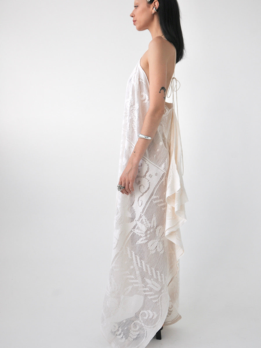 Veronica vintage filet lace one-shoulder maxi dress