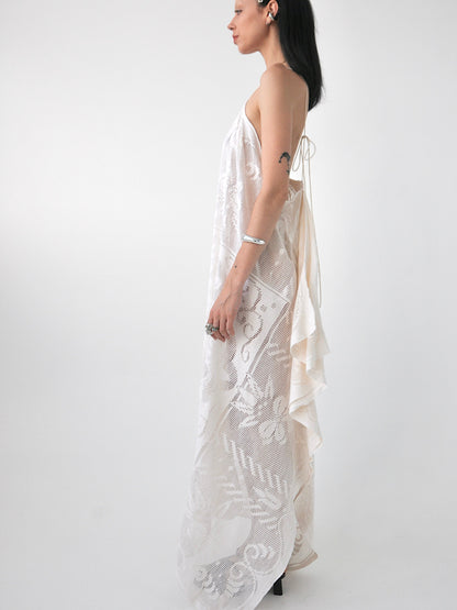 Veronica vintage filet lace one-shoulder maxi dress