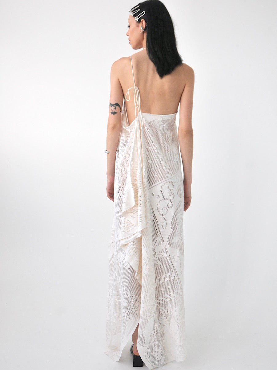 Veronica vintage filet lace one-shoulder maxi dress