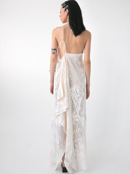 Veronica vintage filet lace one-shoulder maxi dress