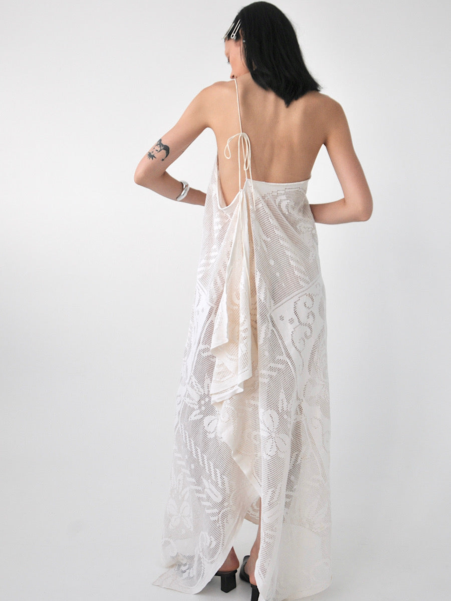 Veronica vintage filet lace one-shoulder maxi dress