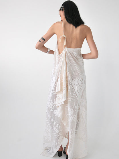 Veronica vintage filet lace one-shoulder maxi dress