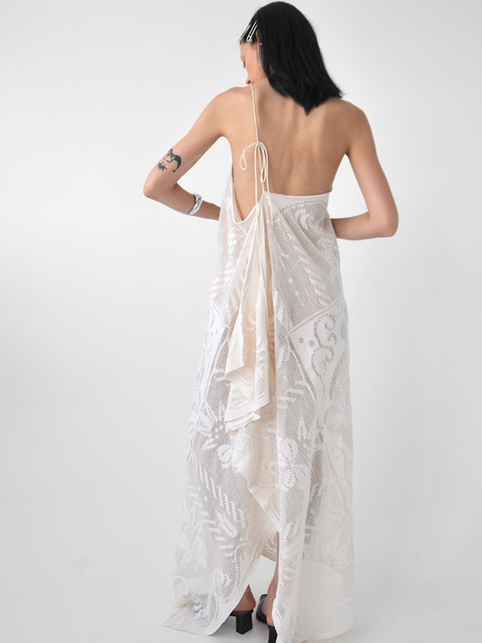 Veronica vintage filet lace one-shoulder maxi dress