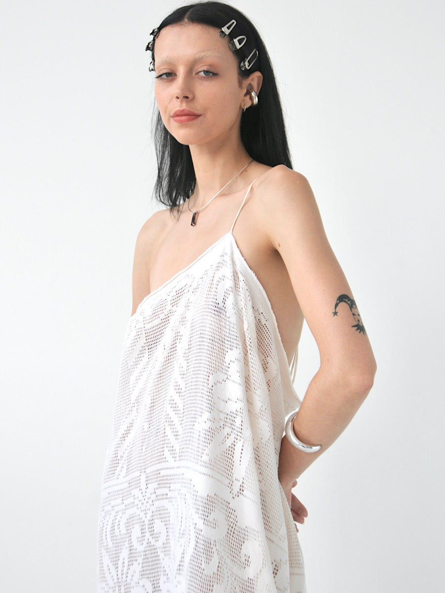 Veronica vintage filet lace one-shoulder maxi dress