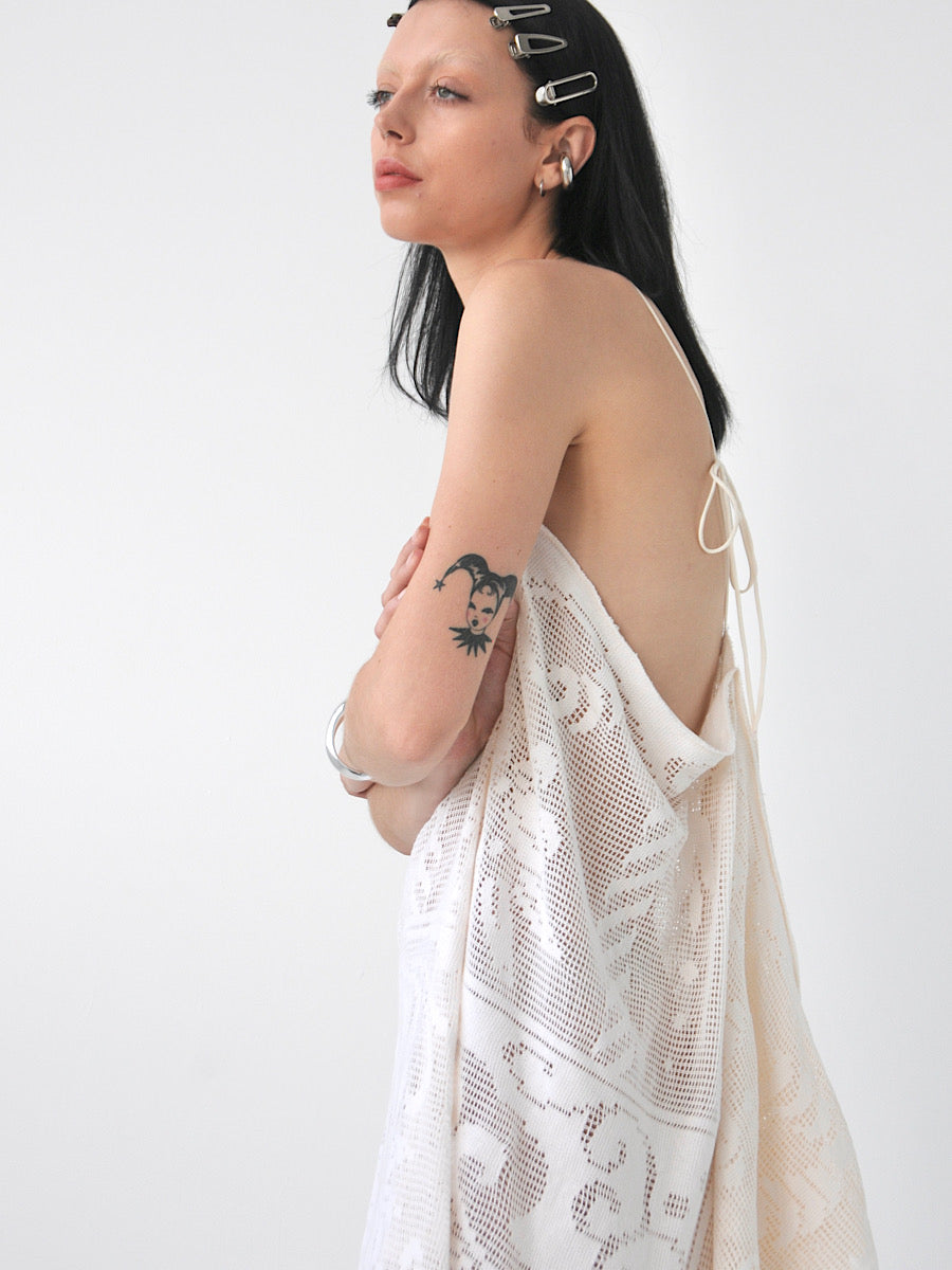 Veronica vintage filet lace one-shoulder maxi dress