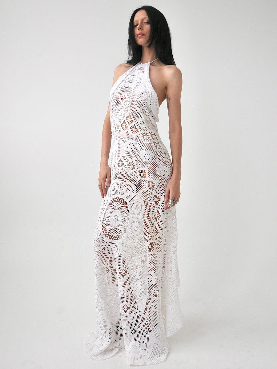 Always vintage crochet lace halter maxi dress